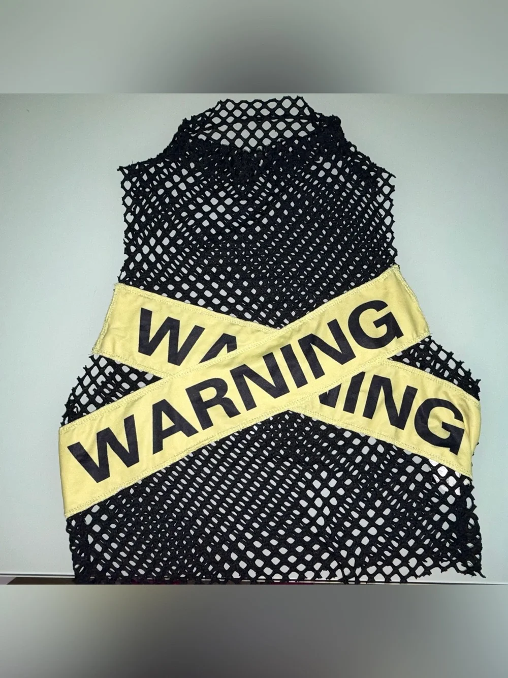 Black Fishnet Crop Top with Yellow Warning Band - Picture 2 of 5